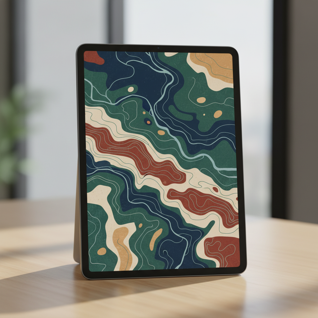 eBook cover mockup on a tablet screen showing an abstract map and land theme
