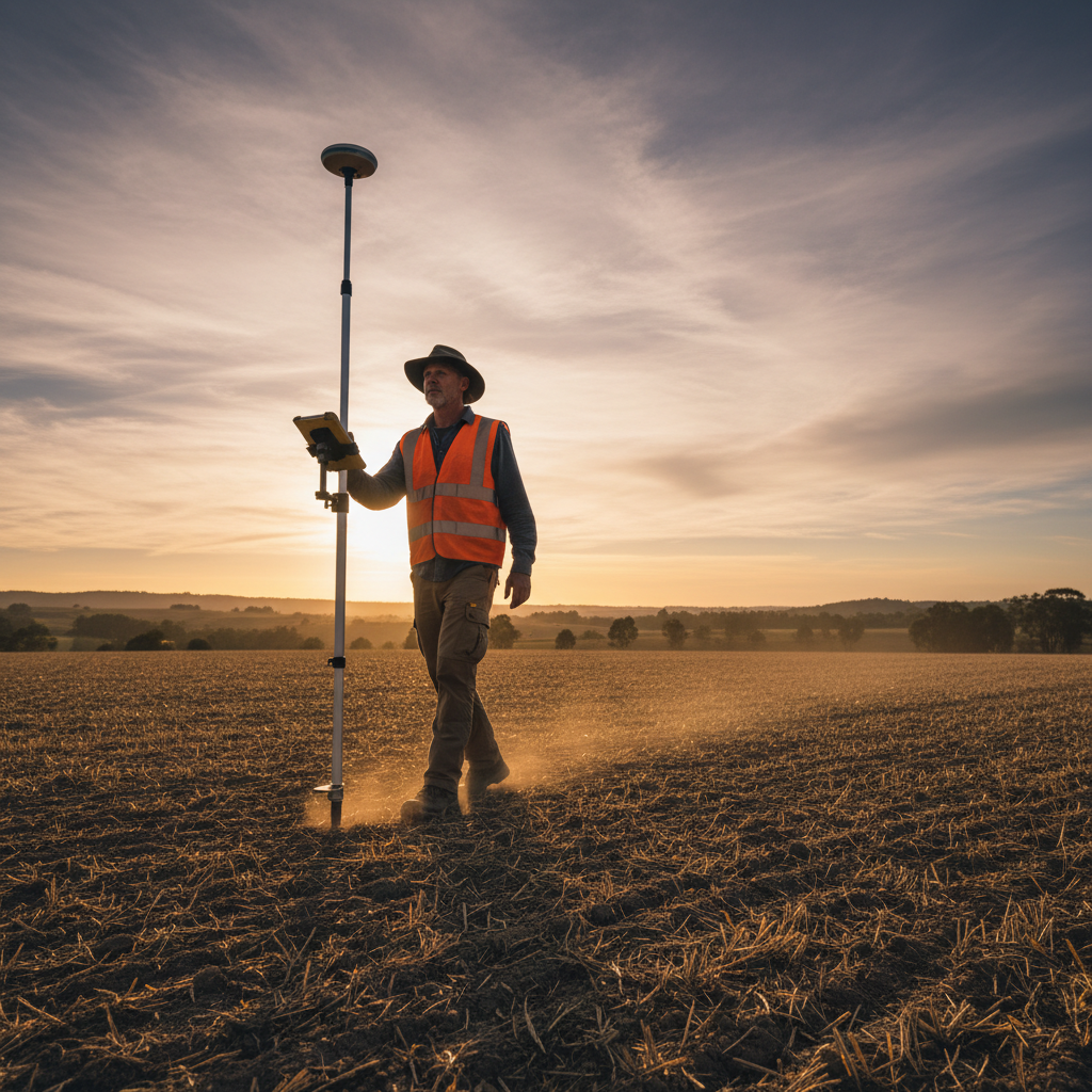 Surveyor walking a field holding a GNSS rover pole, cinematic framing