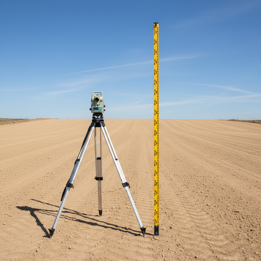 Yellow grade rod standing beside a tripod-mounted level across a graded lot