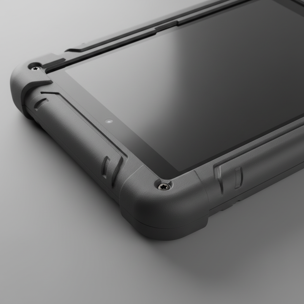 Close-up of the reinforced rubber-armored corners of a field tablet, studio light