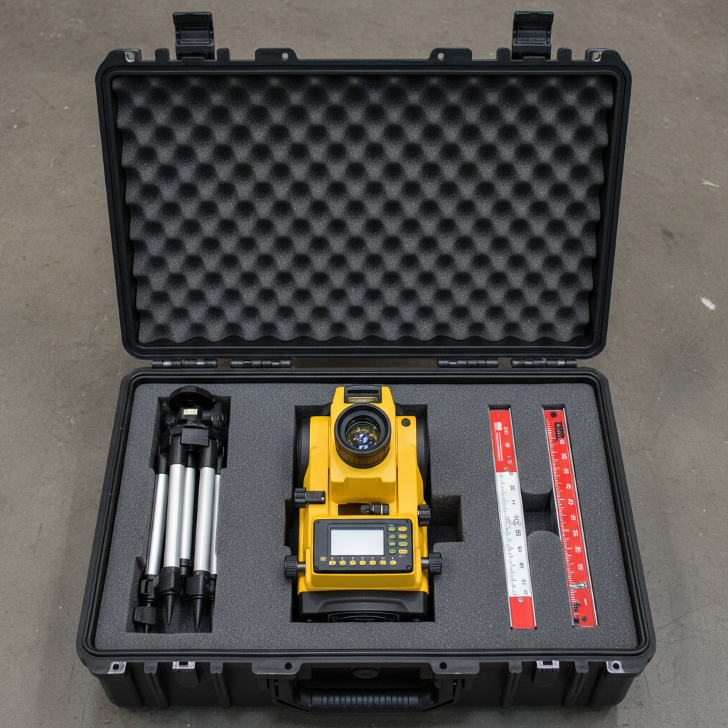 Complete leveling kit laid out in an open protective hard case, top-down