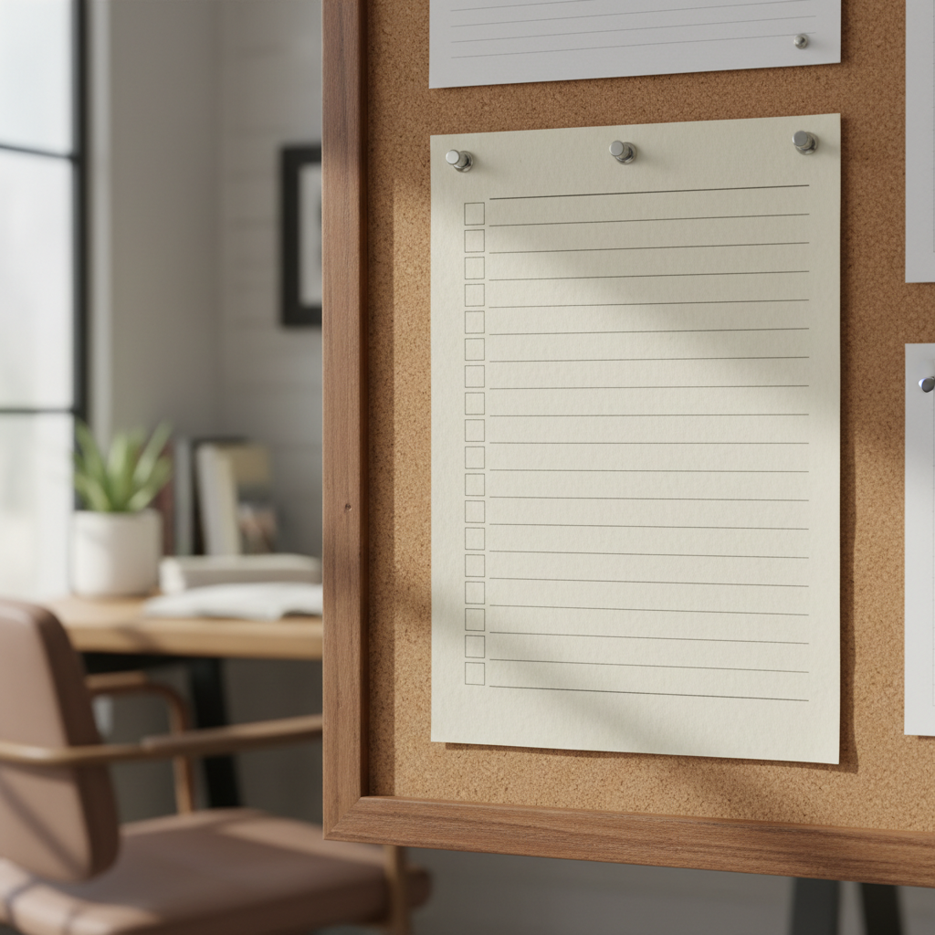 Checklist page pinned to a corkboard in a home office, soft light