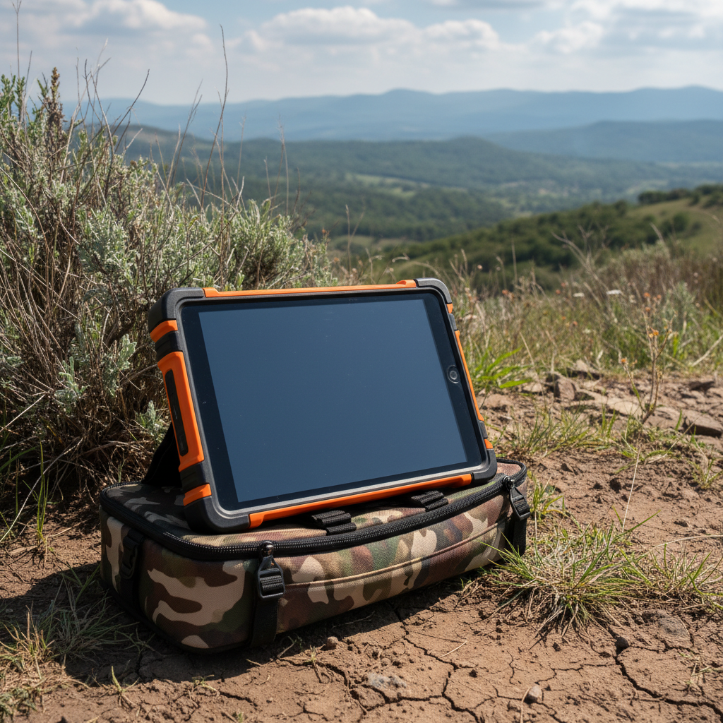 Rugged handheld field controller tablet with a bright generic map screen resting on a tripod case outdoors