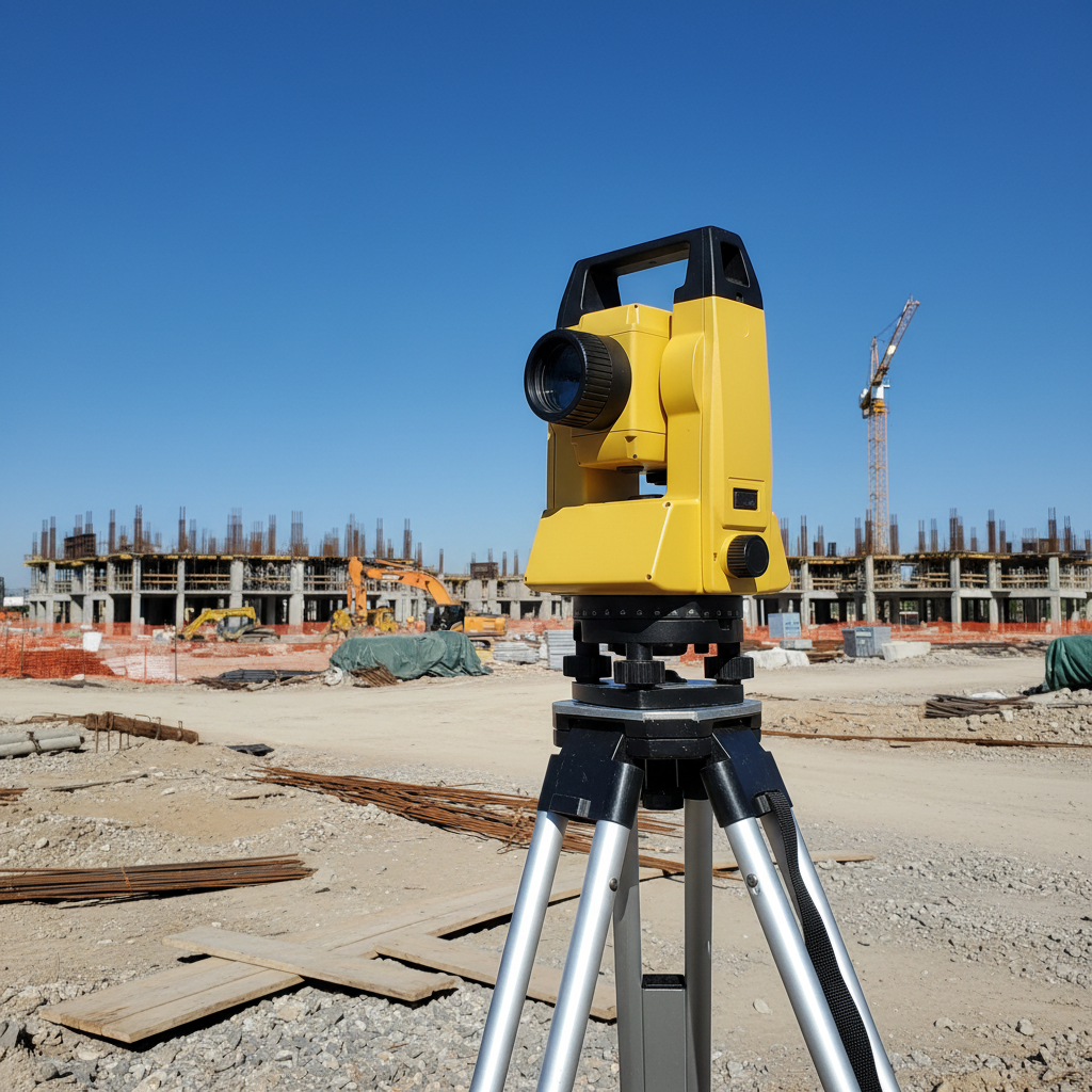 Automatic optical survey level mounted on an aluminum tripod on a construction site, clear sky