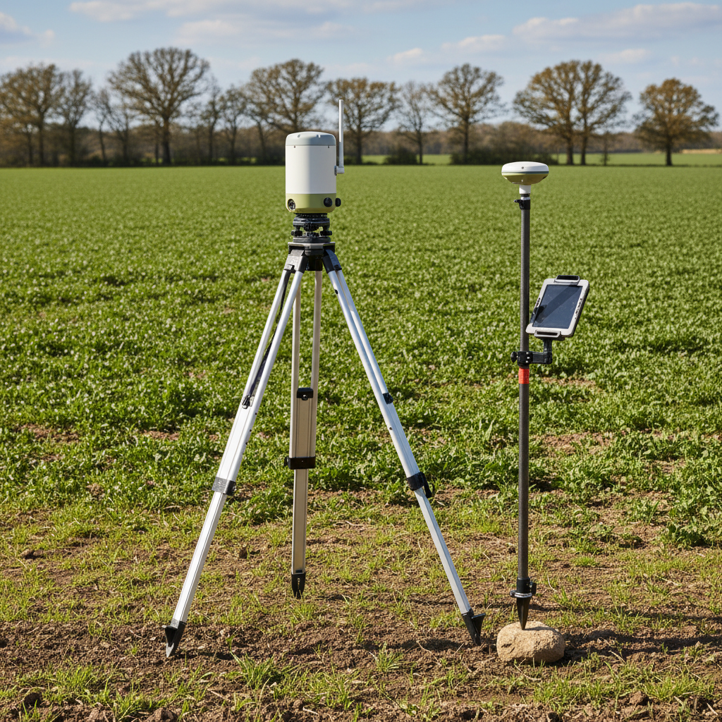 Base-station GNSS receiver on a tripod with a rover pole nearby on an open field