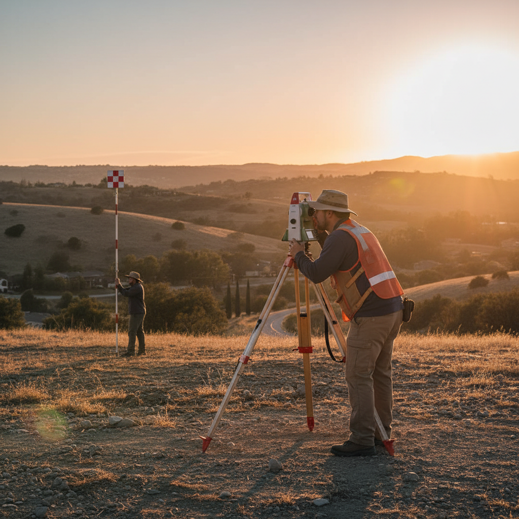Surveyor sighting through a total station at a distant target, golden-hour light