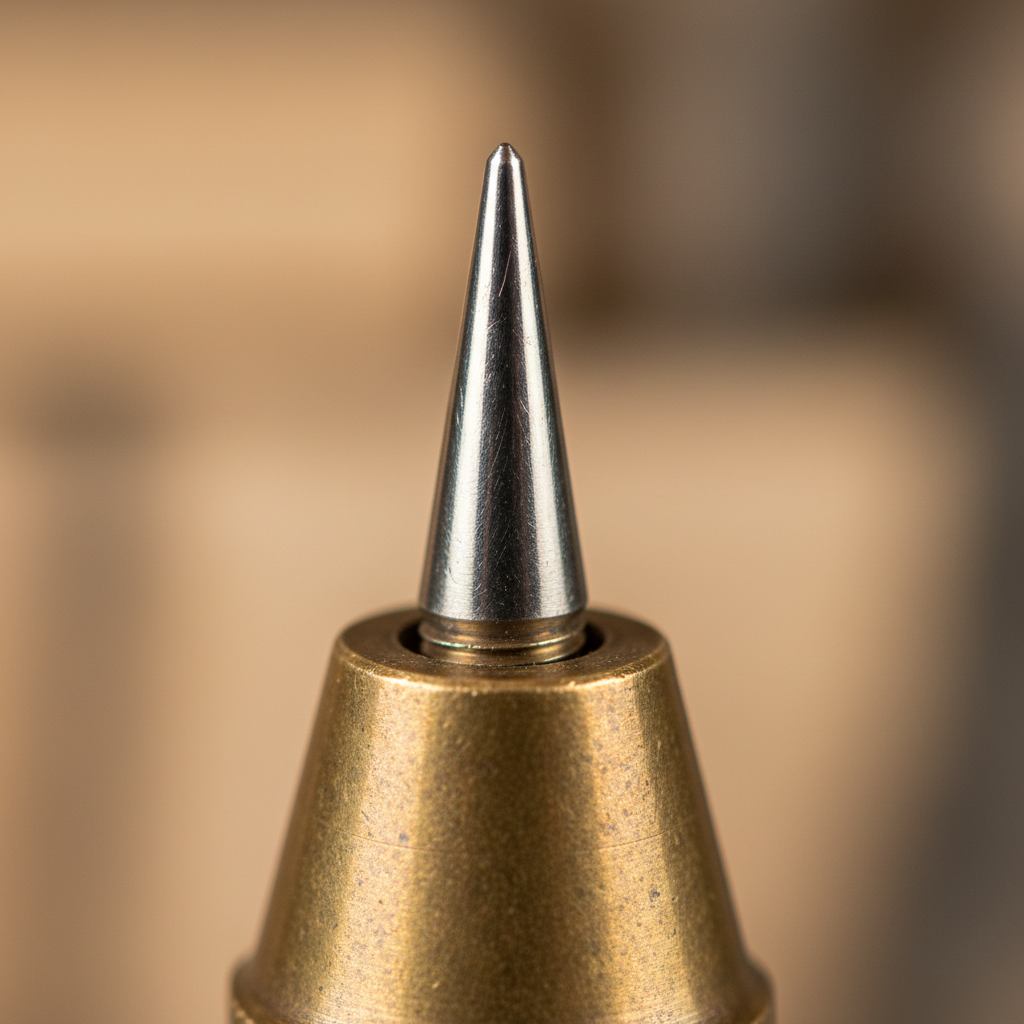 Close-up of the pointed steel tip of a brass plumb bob, macro detail