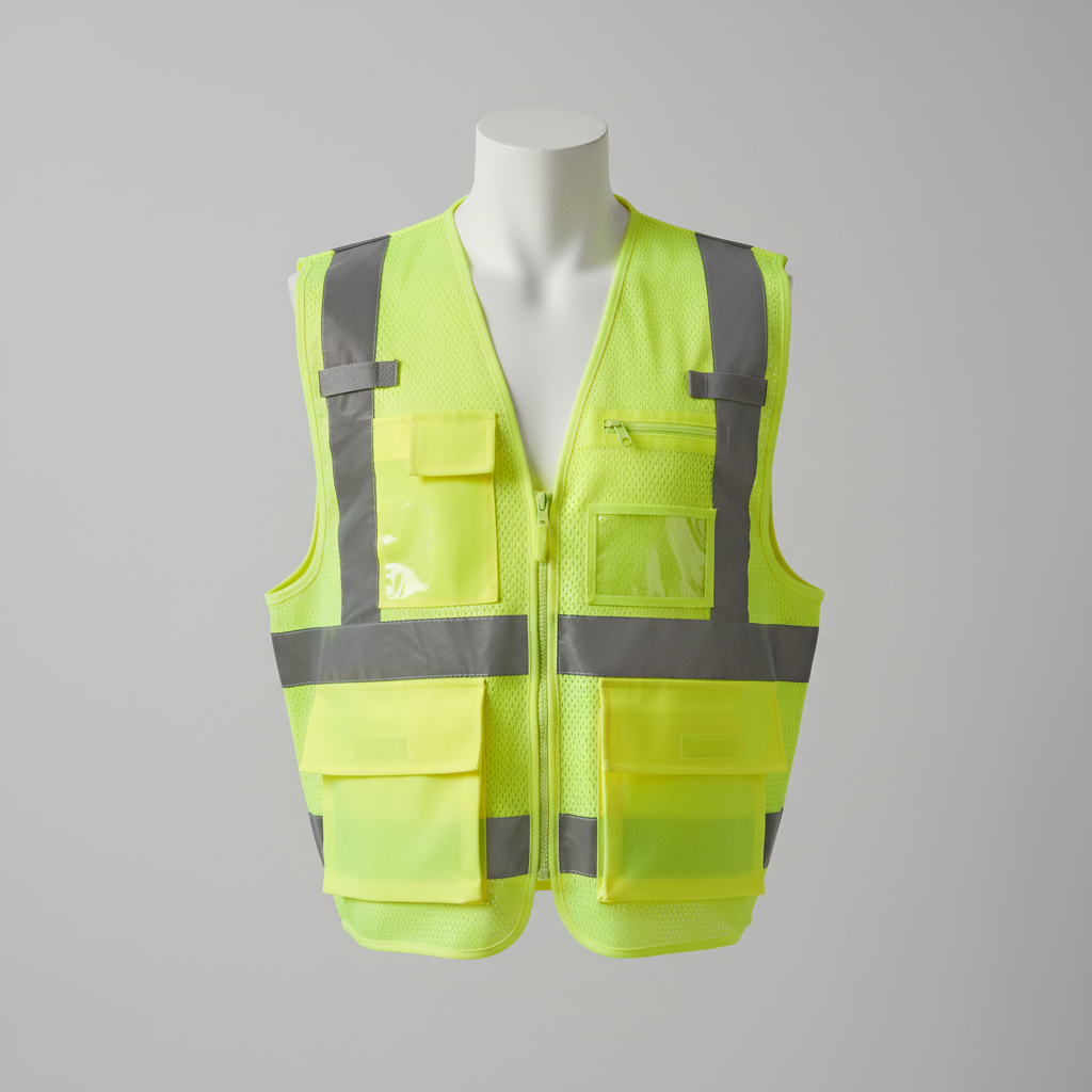 Class 2 hi-vis lime green surveyor safety vest with reflective stripes and cargo pockets on a plain mannequin