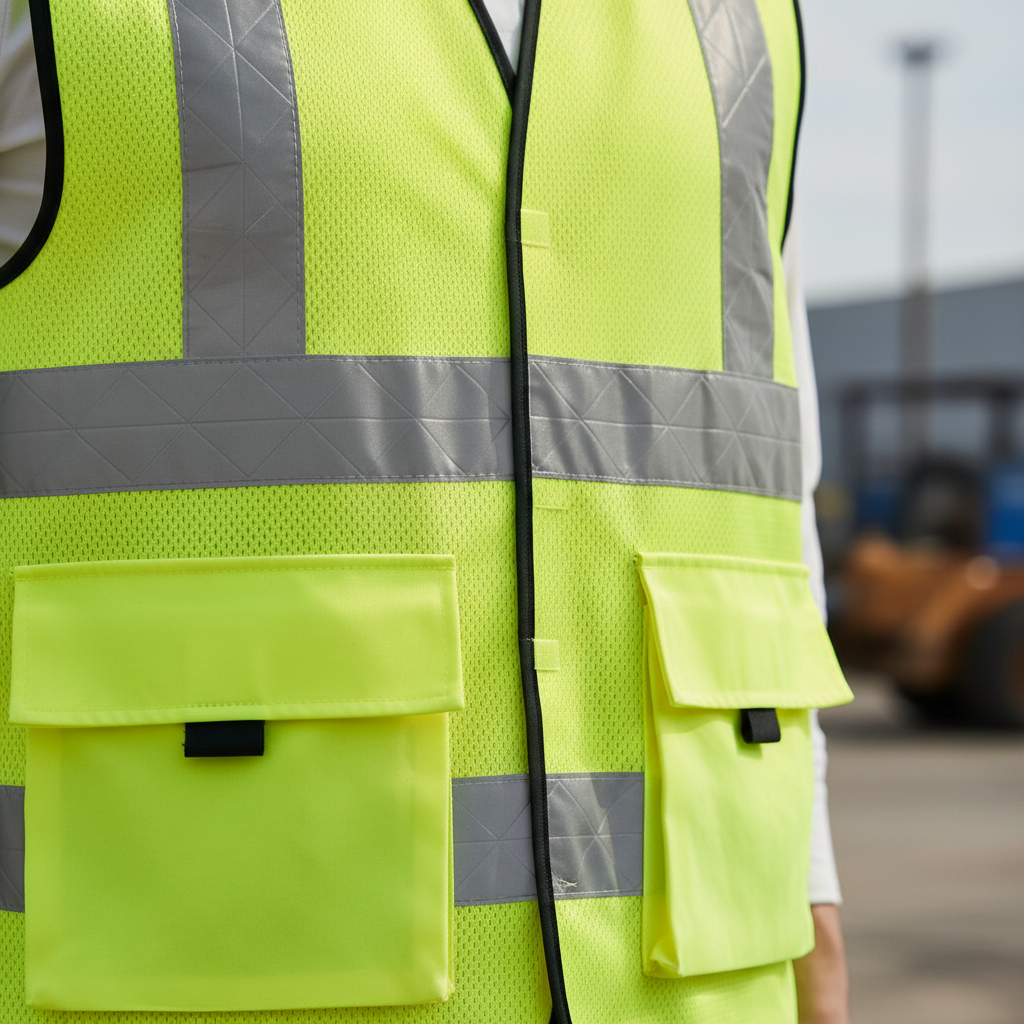 Close-up of the reflective striping and front pockets of a hi-vis vest