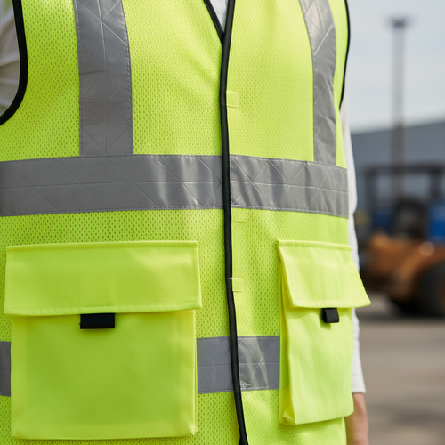 Close-up of the reflective striping and front pockets of a hi-vis vest