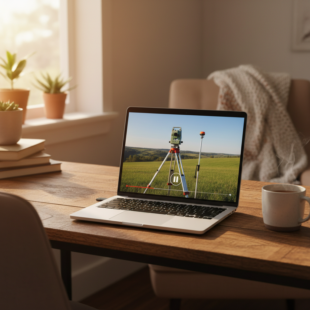 Laptop on a desk showing a paused video of surveying equipment in a field, cozy home-office light