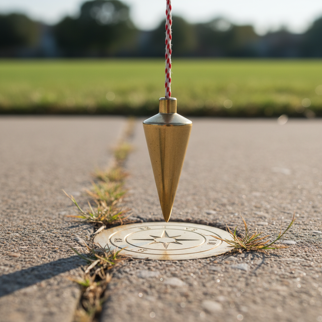 Brass plumb bob suspended over a survey point marker on the ground, shallow focus