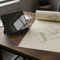 Tablet and a printed site-plan sheet side by side on a wooden desk, natural light