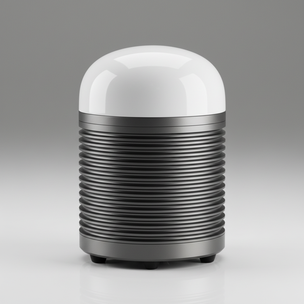 Close-up of a cylindrical GNSS receiver's ridged housing and antenna, studio light