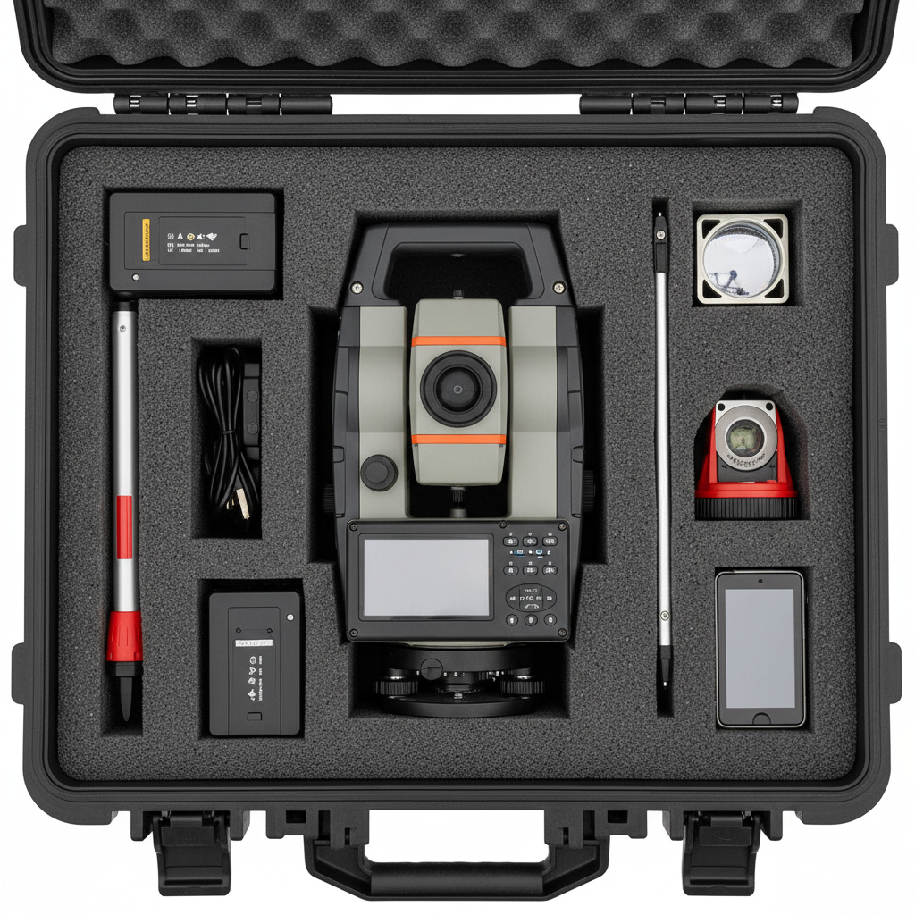 Total station packed into a fitted foam hard case, top-down