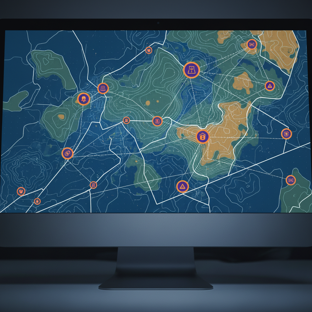 Close-up of a stylized digital map with survey layers on a monitor