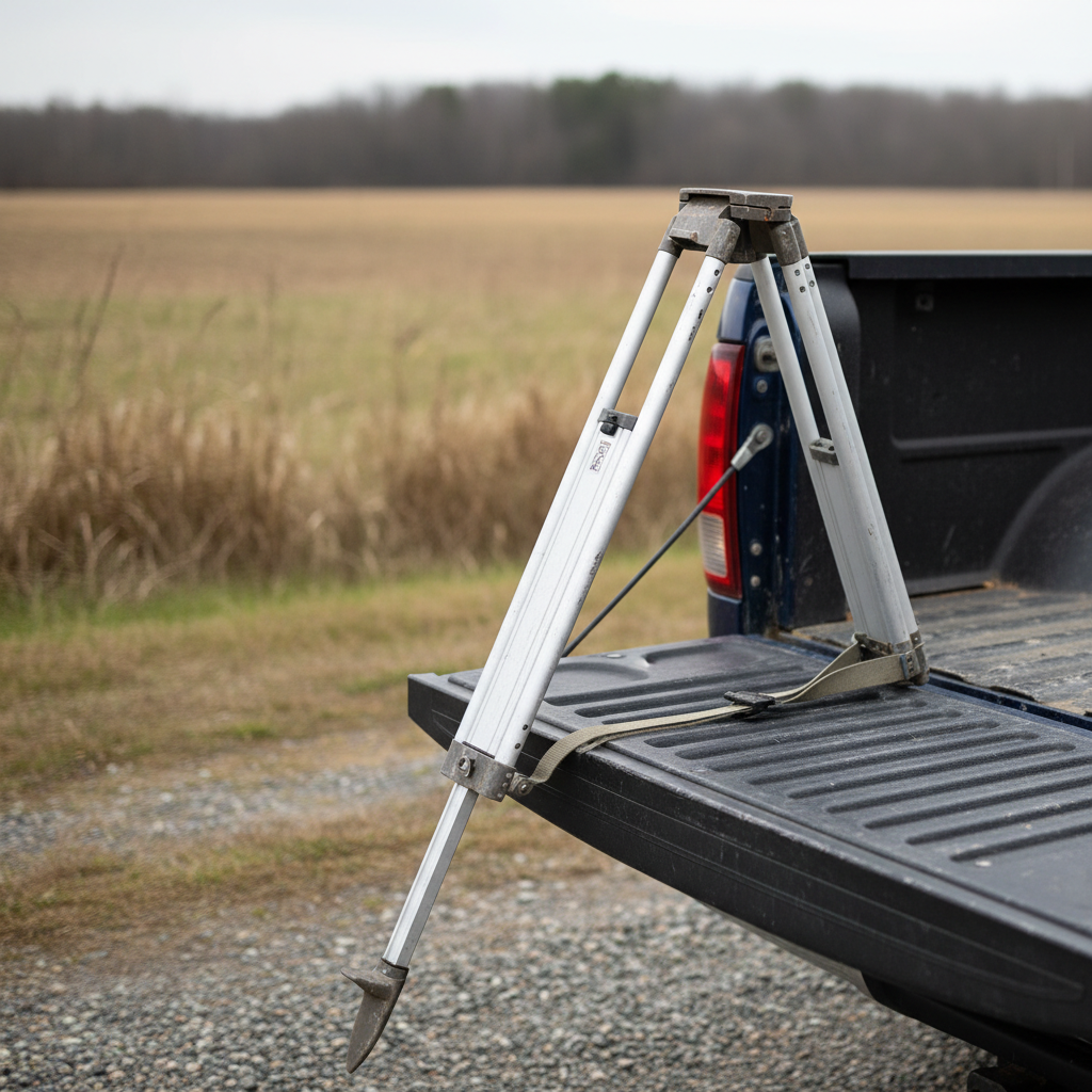 Folded aluminum tripod leaning against a truck tailgate, natural light
