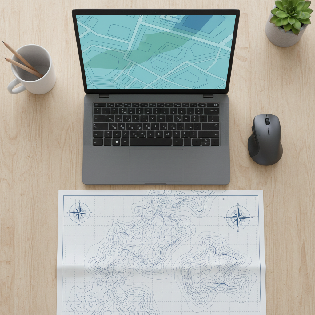 Flat-lay of a laptop, mouse, and a printed map template on a desk, top-down