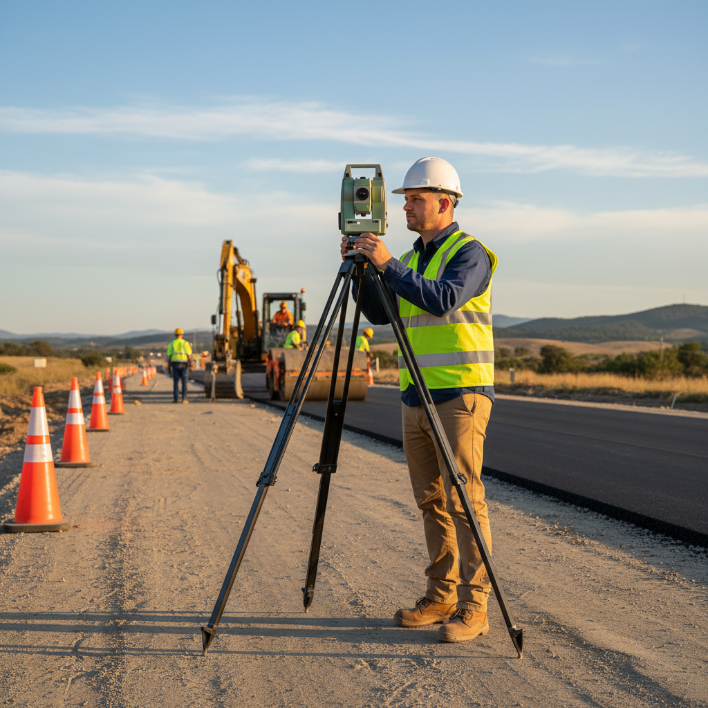 Surveyor wearing a hi-vis lime vest standing near a tripod on a road project