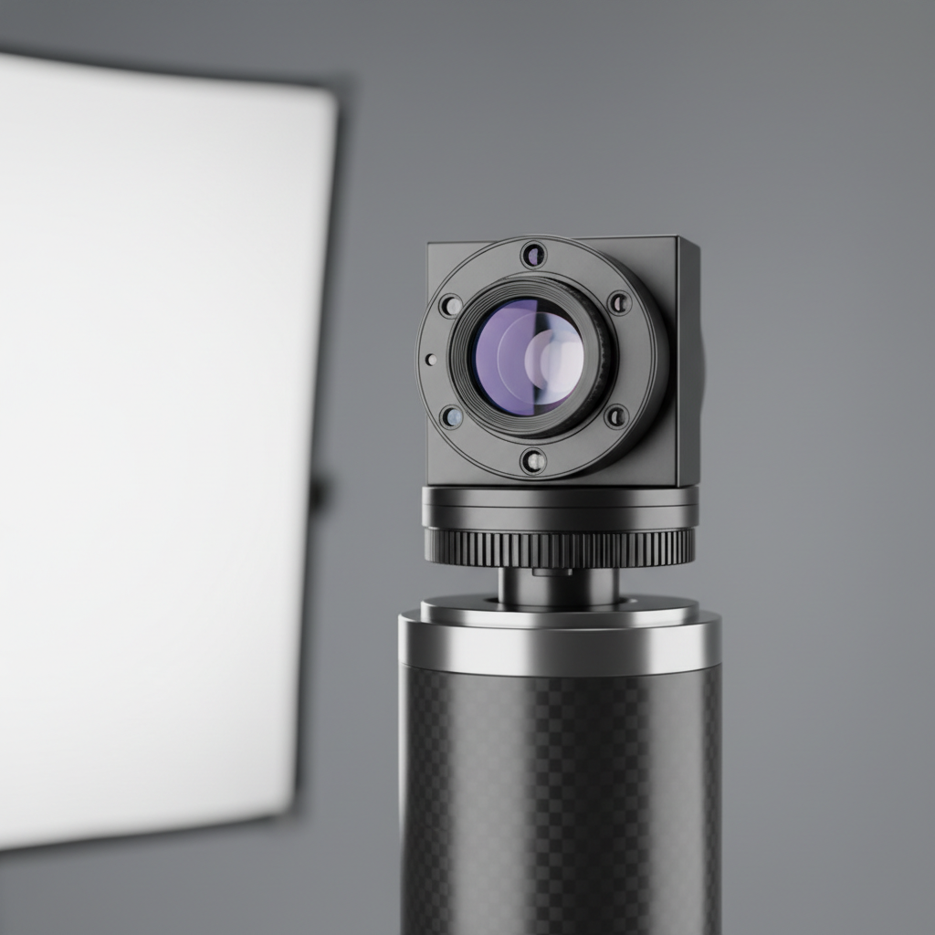 Close-up of the rotating optical head and lens of a total station, studio light