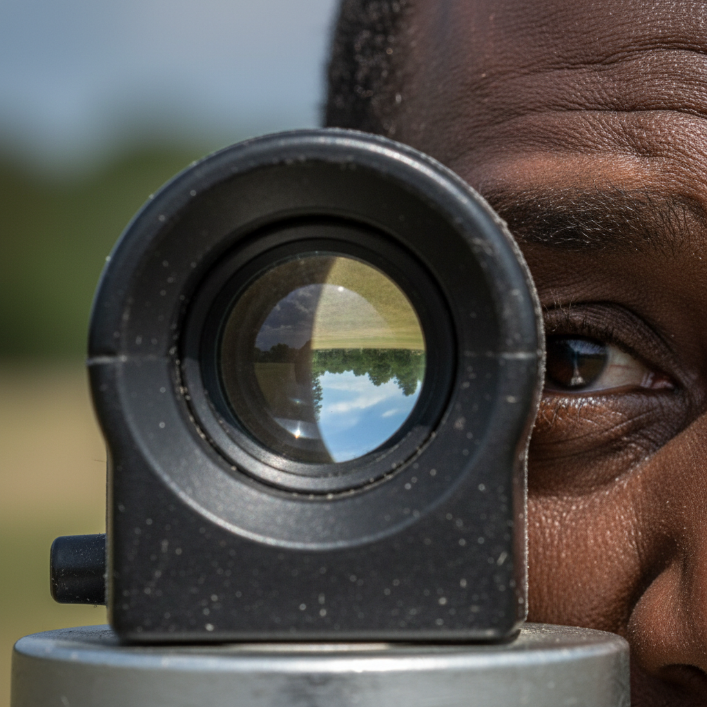 Close-up of a surveyor's eye at the optical level eyepiece, shallow focus