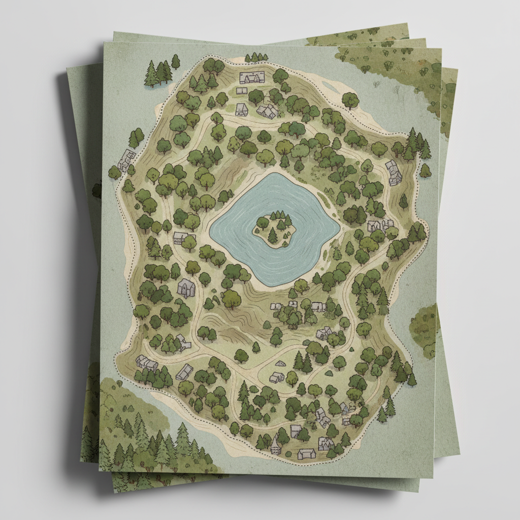 Stack of printed guide pages with a property map on top, top-down view