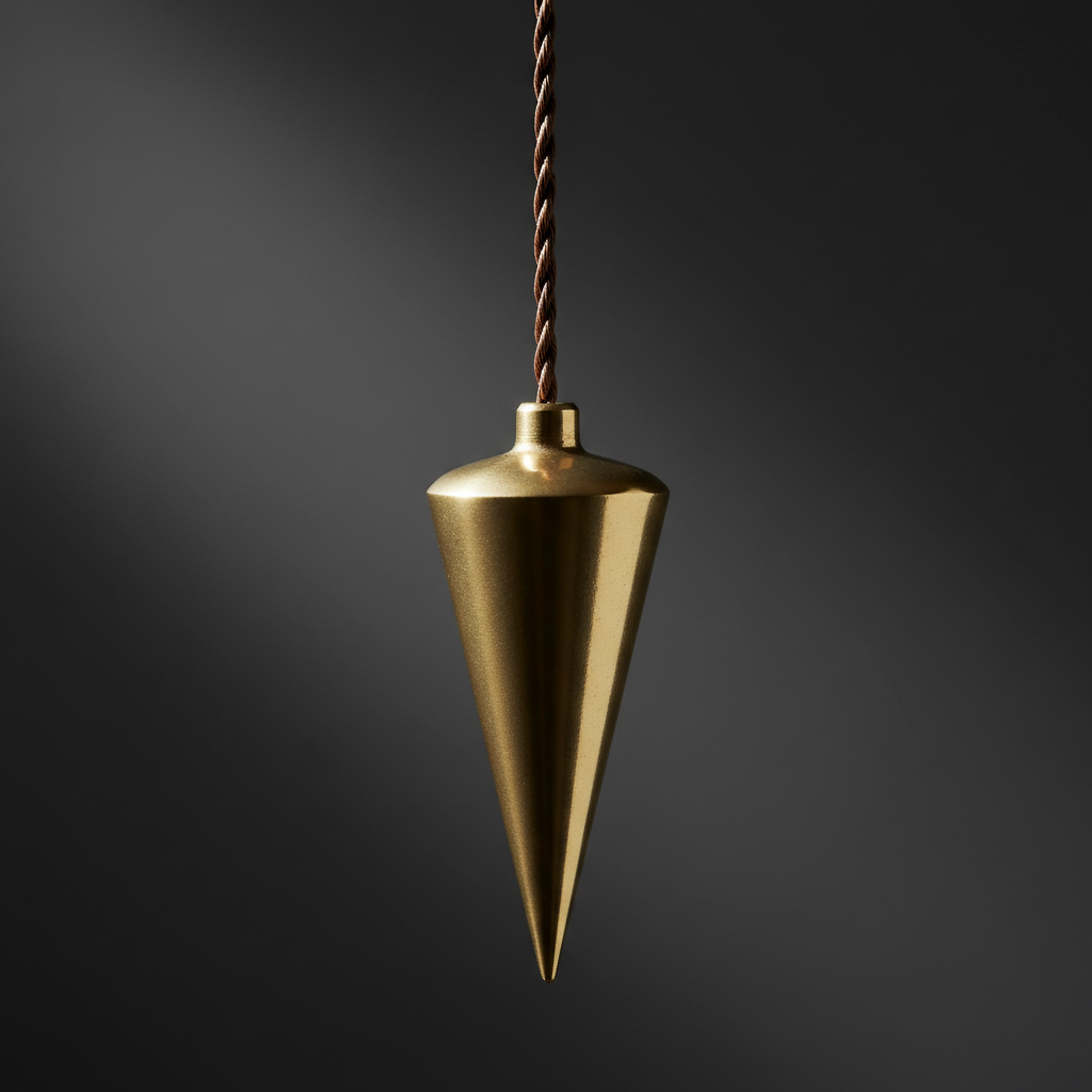Polished brass plumb bob hanging from a string against a dark neutral background, dramatic light
