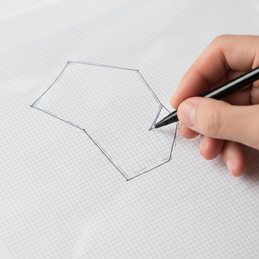Close-up of a hand sketching a lot boundary on a gridded planning sheet