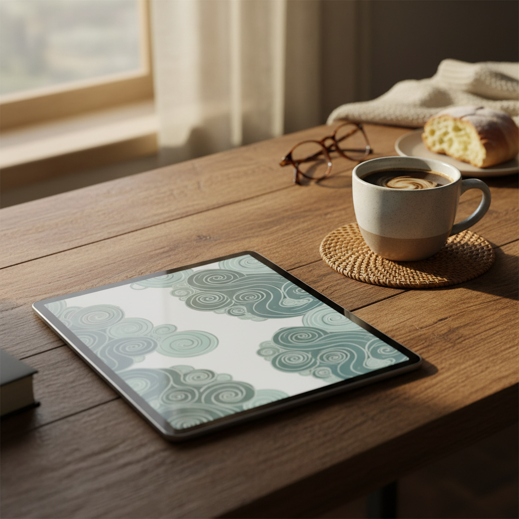 Tablet displaying an open ebook next to a cup of coffee on a desk, cozy light