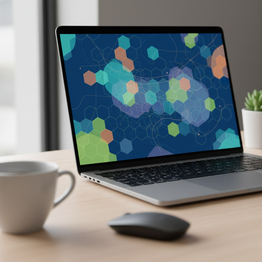 Laptop screen showing an abstract CAD/GIS map layout with layers, clean desk