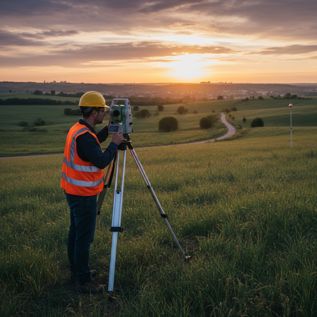 Surveyor with a total station in the field, cinematic framing as if a course thumbnail