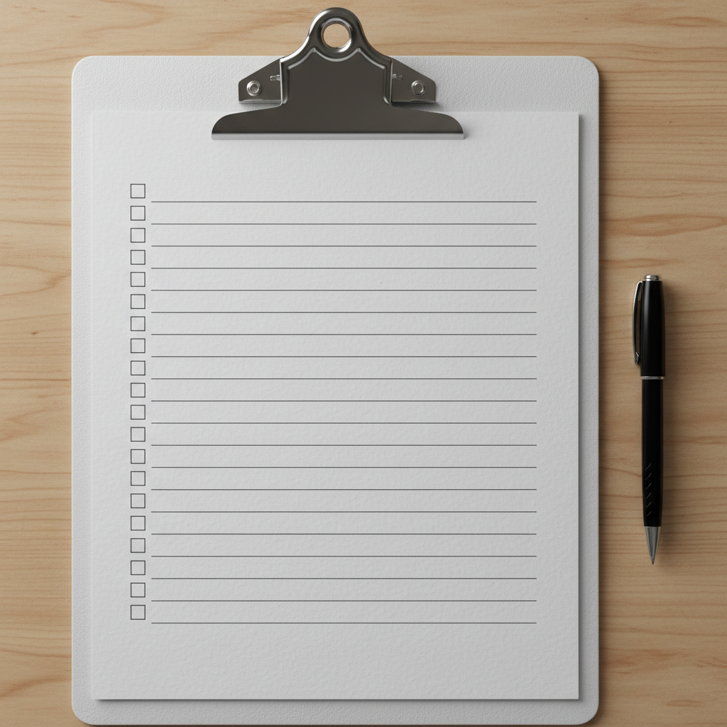 Printed checklist sheet on a clipboard with a pen, top-down