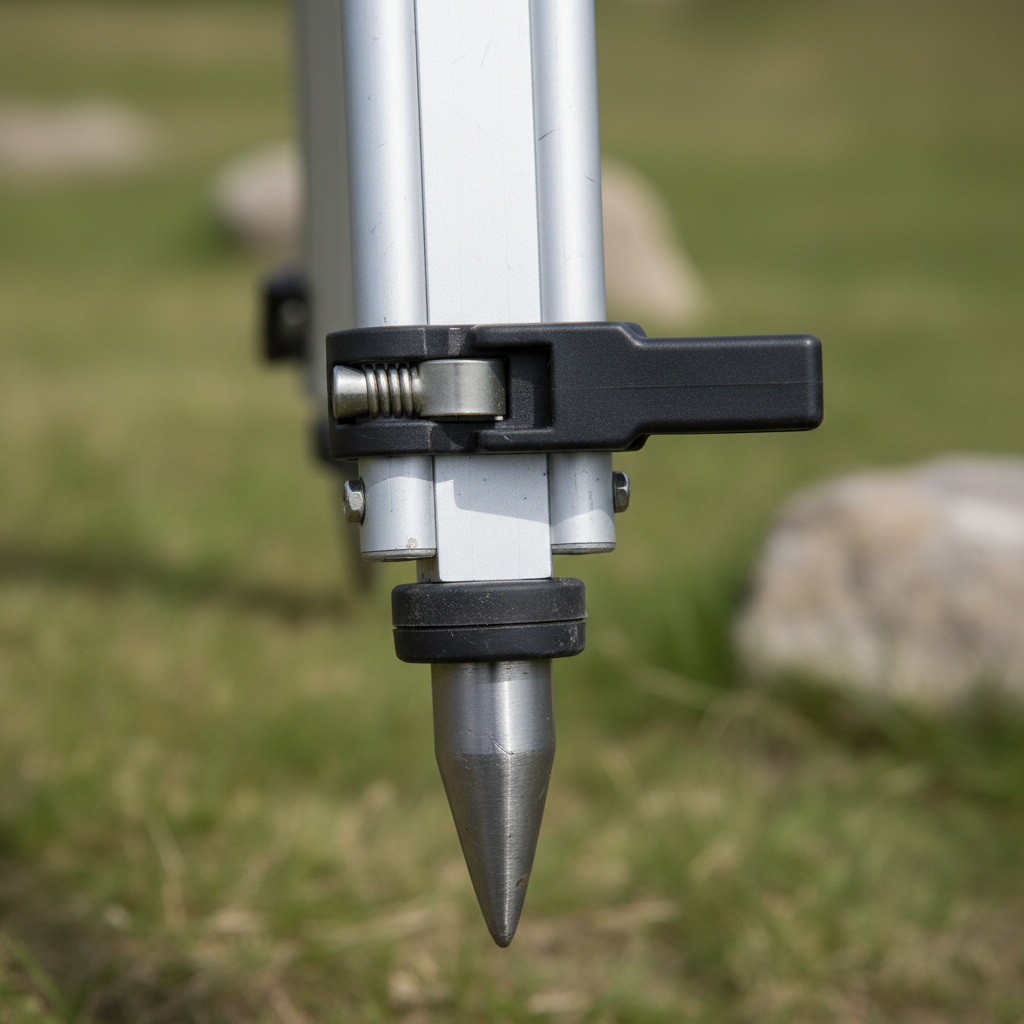 Close-up of the quick-clamp leg lock and steel foot of a survey tripod