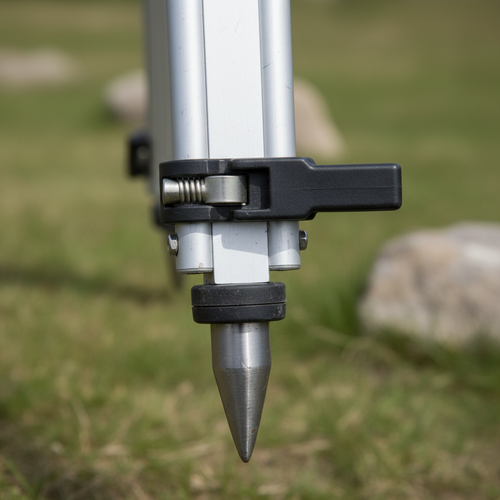 Close-up of the quick-clamp leg lock and steel foot of a survey tripod